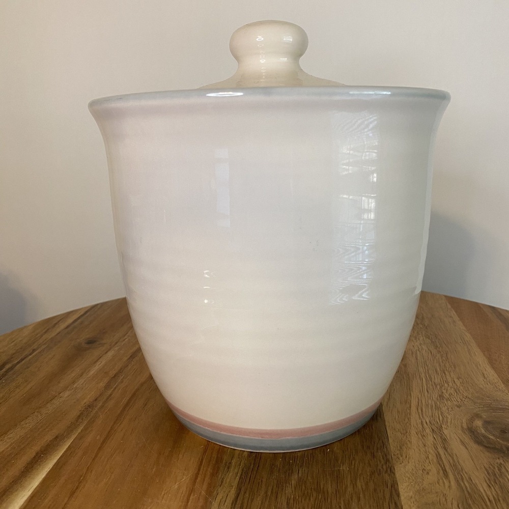 PFALTZGRAFF AURA Large 7" CANISTER JAR  w/LID BLUE PINK BANDS RARE FIND 2 Qt